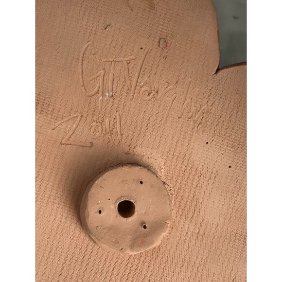 Frog Pink Flower Hanging Wall Decor Lid Hand Made Pottery Leaf Tree Frog Red Eye - Picture 8 of 16